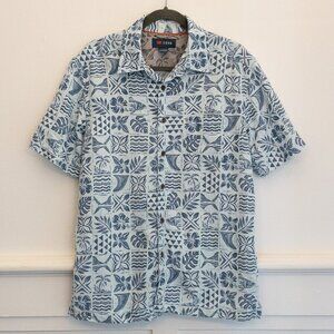 Cova Men’s Aloha Shirt Small Blue White Hawaiian Print Button Front Resort Wear